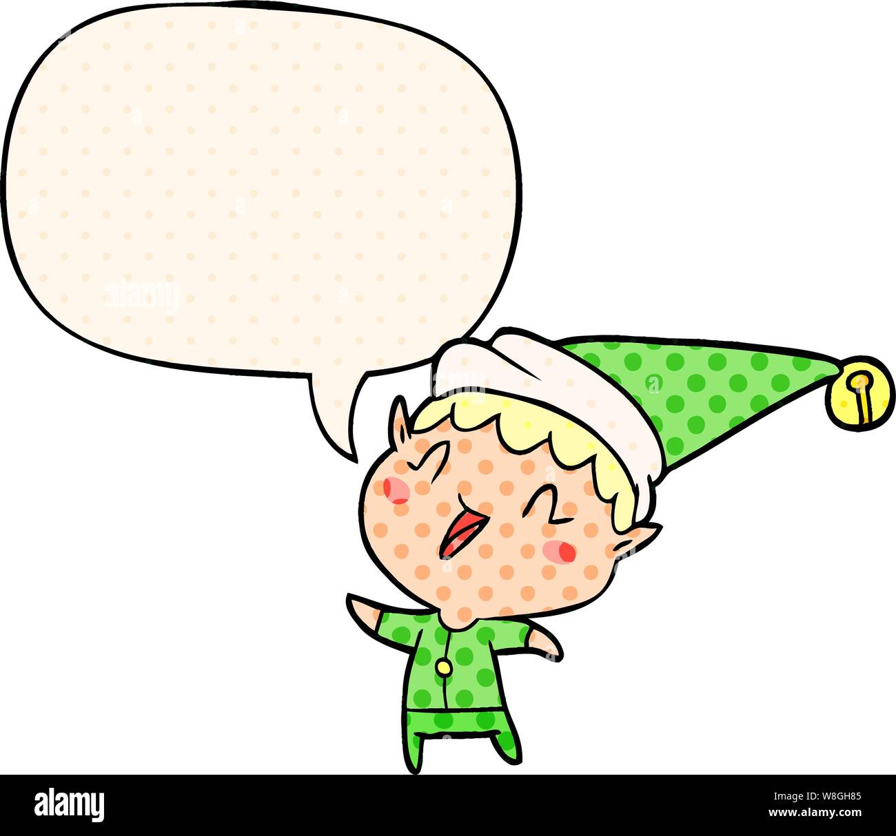 Cartoon Happy Christmas Elf With Speech Bubble In Comic Book Style Stock Vector Image Art Alamy