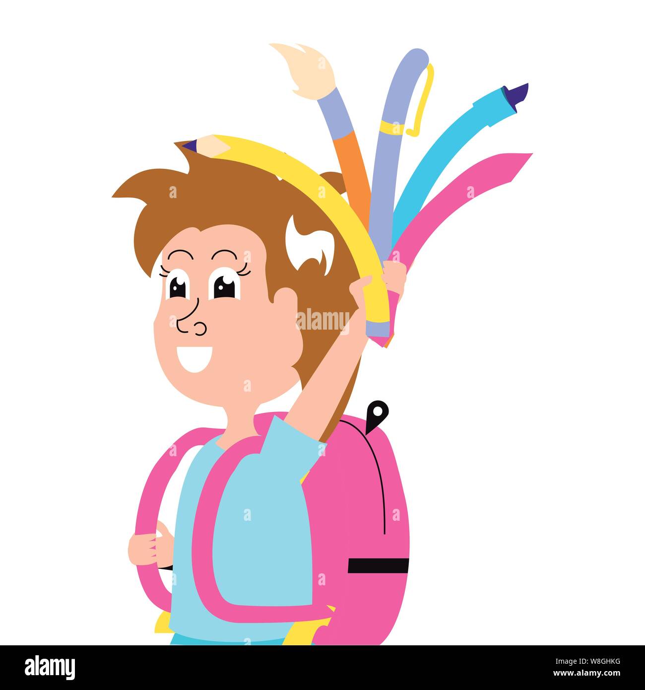 cute little student girl with school bag and set of pencils vector ...