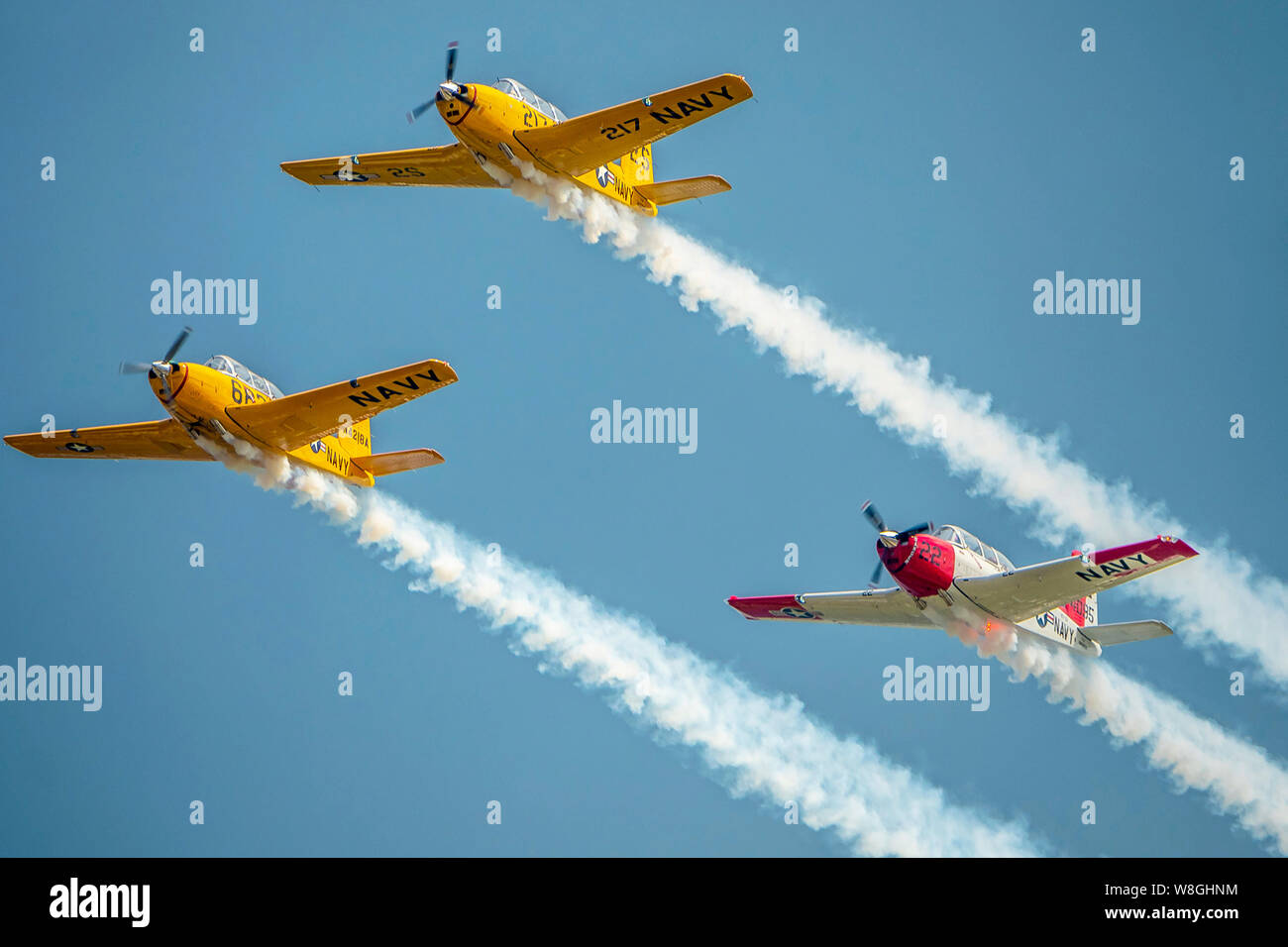 T-34 Mentors perform at the week-long AirVenture Oshkosh in Wisconsin, July 23, 2018. Stock Photo