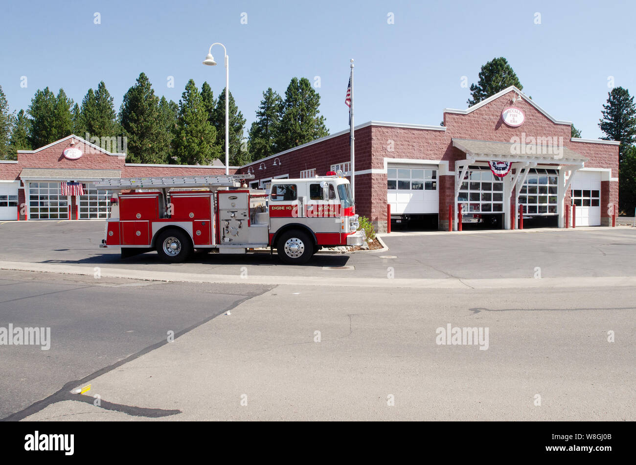 Fire and EMS Station near the U.S. Department of Agriculture Forest Service Smokejumper Base/ SEAT Base/ Helitack Base at the McCall Municipal Airport Stock Photo