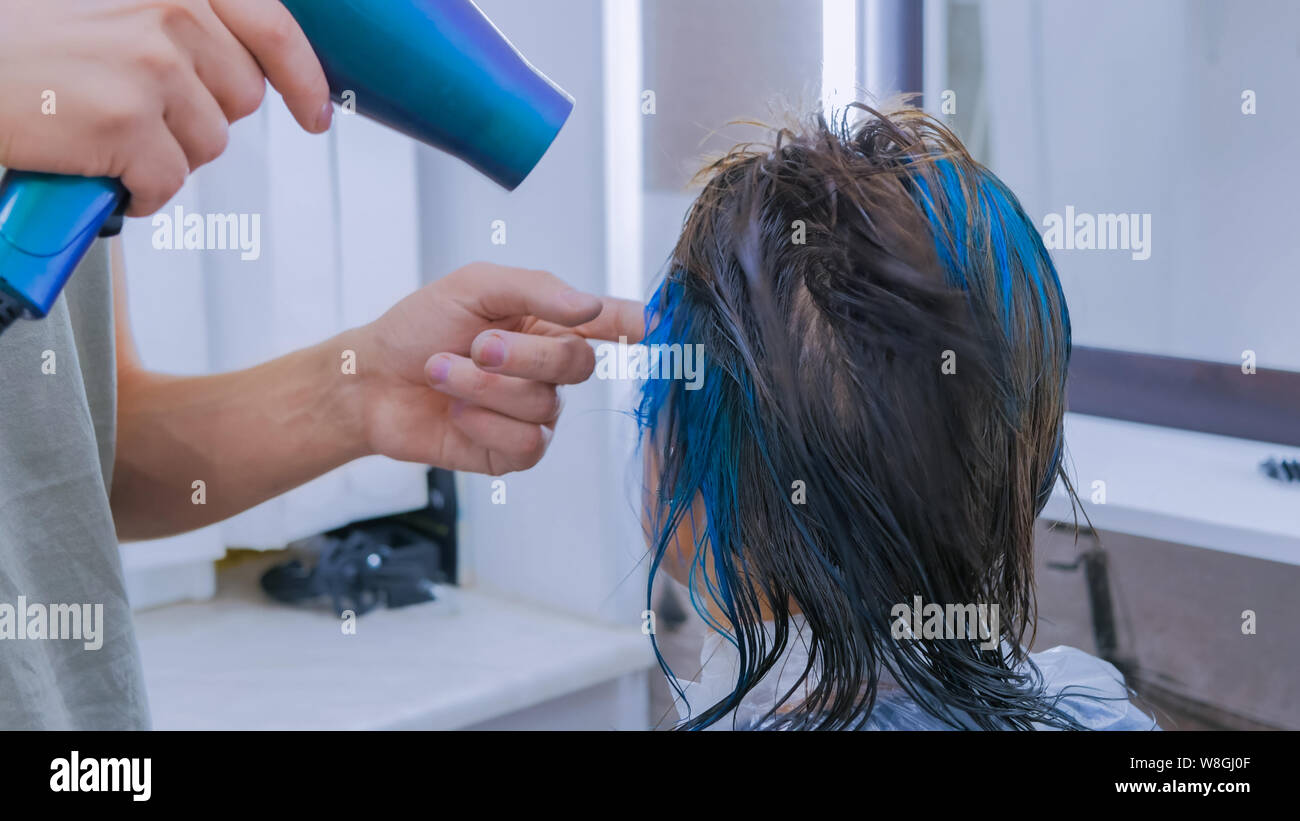 Professional hairdresser drying client hair Stock Photo - Alamy