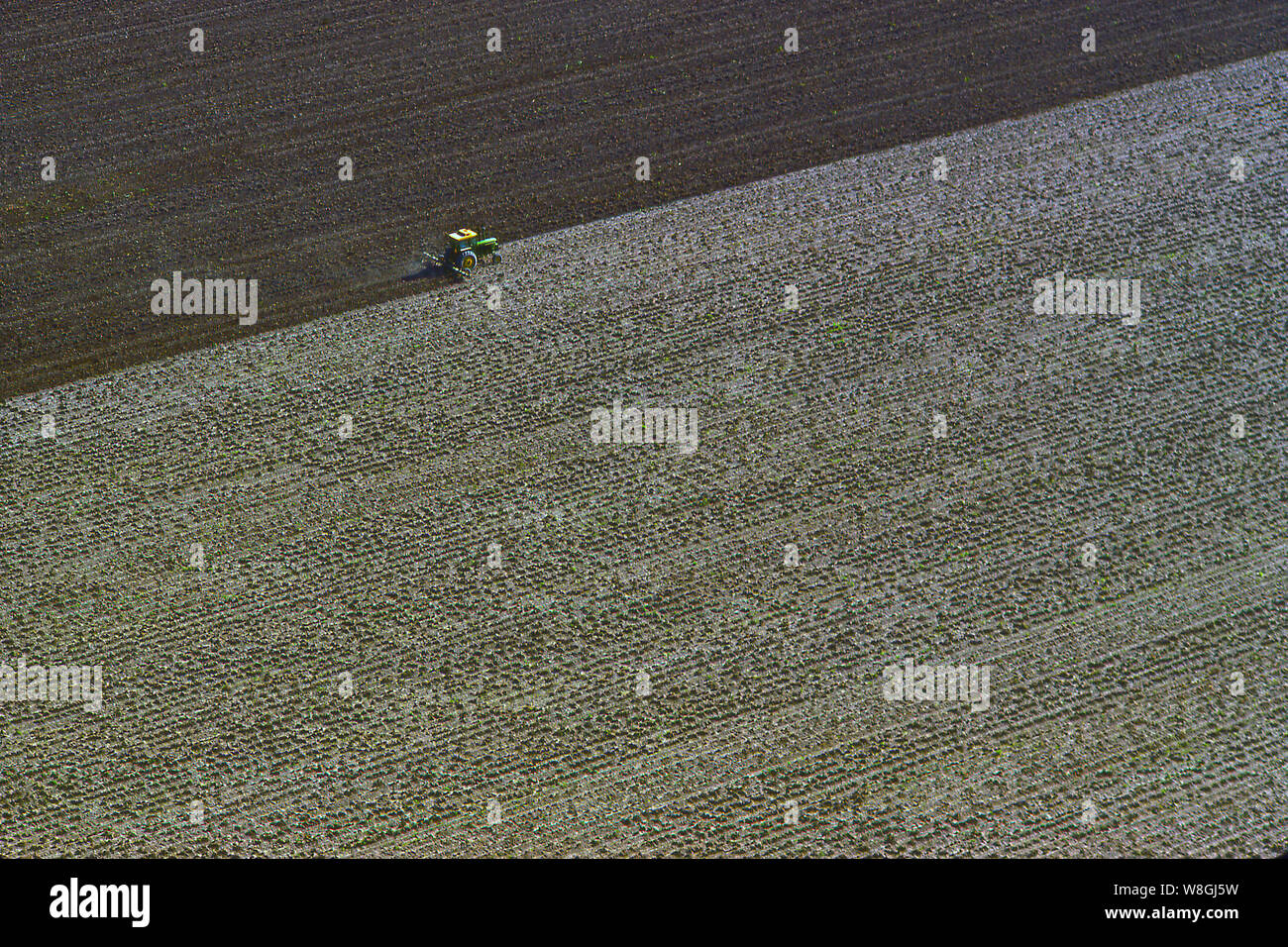 Tractor plowing a field for cotton and vegetable production Stock Photo