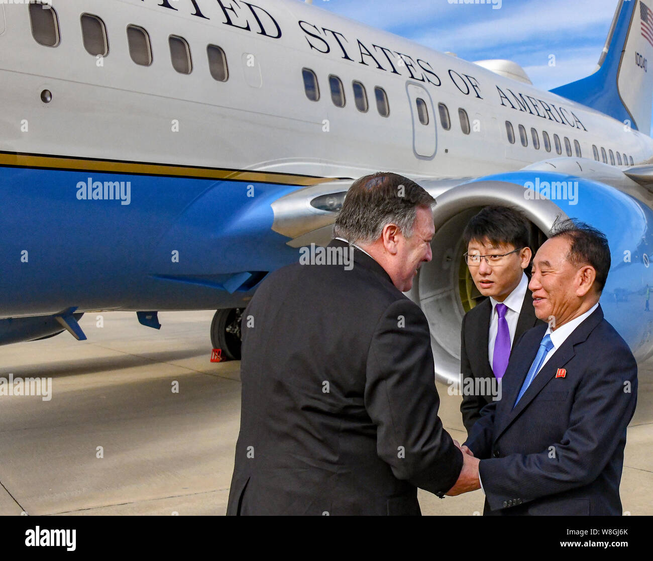 U.S. Secretary of State Michael R. Pompeo is greeted by North Korea's Vice Chairman Kim Yong Chol upon arrival to Pyongyang, North Korea on October 7, Stock Photo