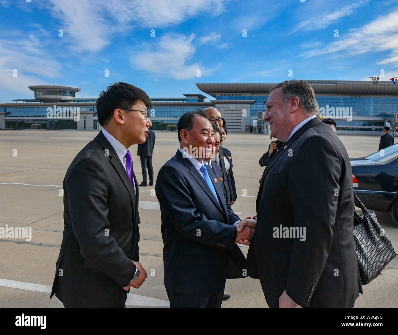 U.S. Secretary of State Michael R. Pompeo is greeted by North Korea's Vice Chairman Kim Yong Chol upon arrival to Pyongyang, North Korea on October 7, Stock Photo