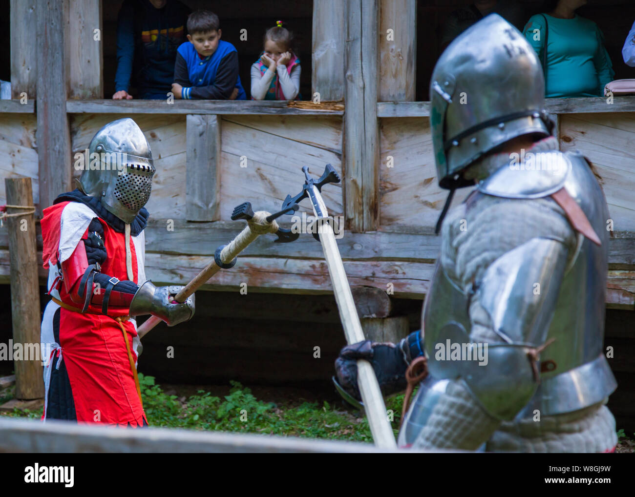 Two medieval knights fighting Stock Photo