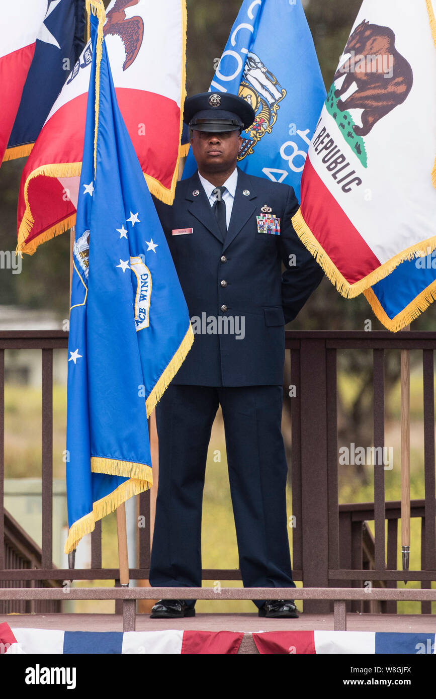 30th Space Wing members participate in a change of command ceremony July 12, 2019, at Vandenberg Air Force Base, Calif. Stock Photo