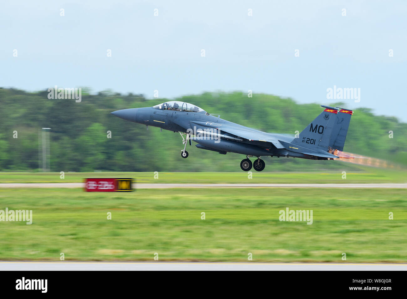 An F-15E Strike Eagle assigned to Mountain Home Air Force Base, Idaho, takes off for Atlantic Trident 17 at Joint Base Langley-Eustis, Va., April 20, Stock Photo
