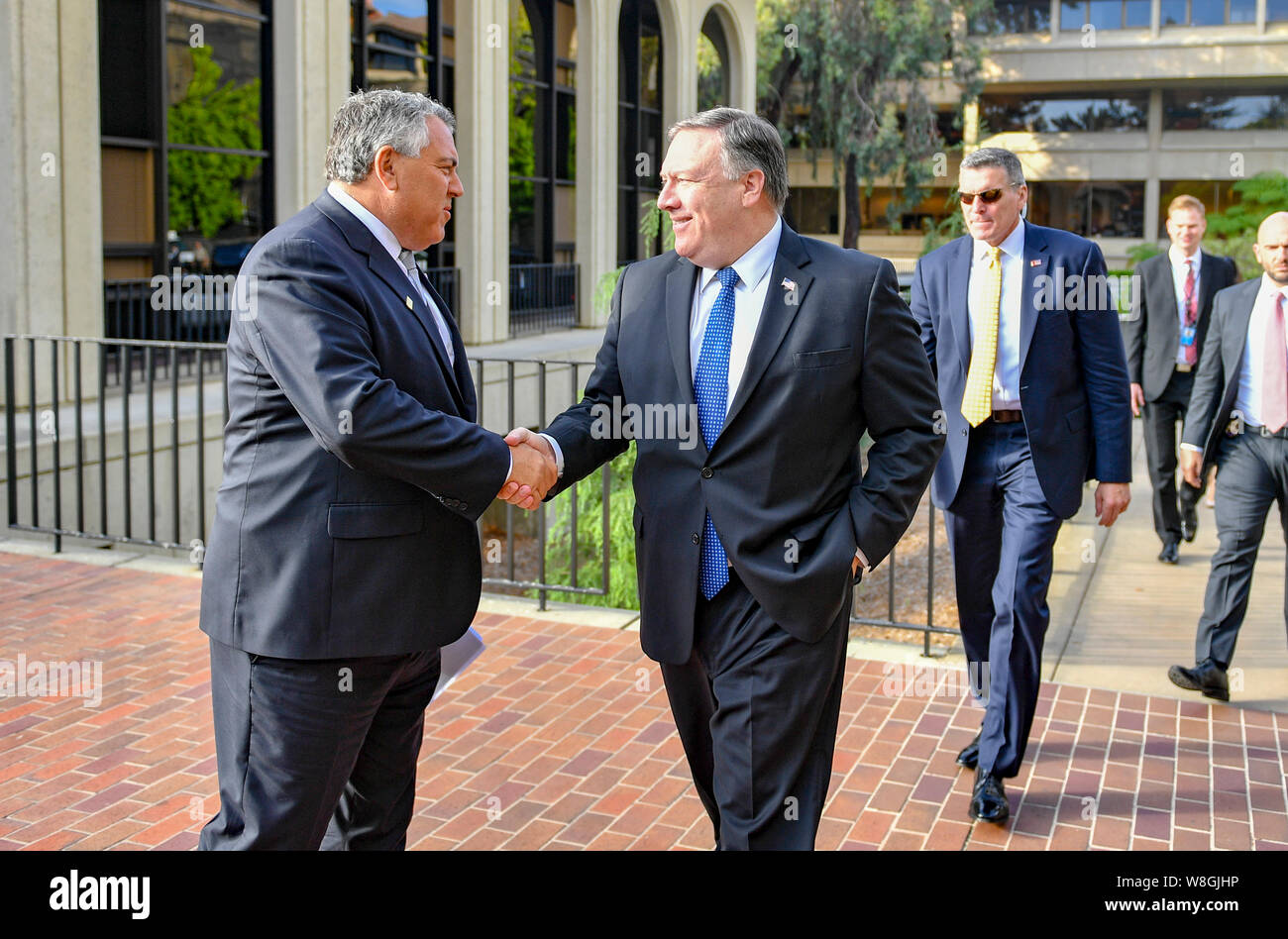 U.S. Secretary of State Michael R. Pompeo arrives at the Hoover Institution at Stanford University for the final day of the Australia-U.S. Ministerial Stock Photo