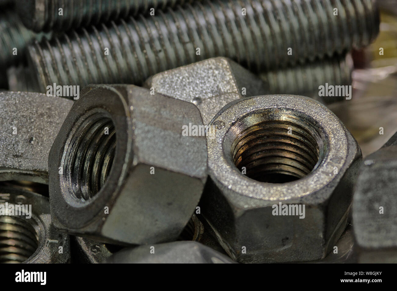 Nuts, bolts and allthread for heavy construction projects Stock Photo
