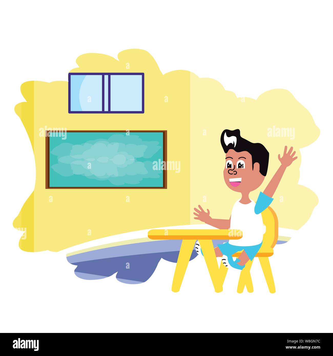 little student boy sitting in school desk in the classroom vector ...