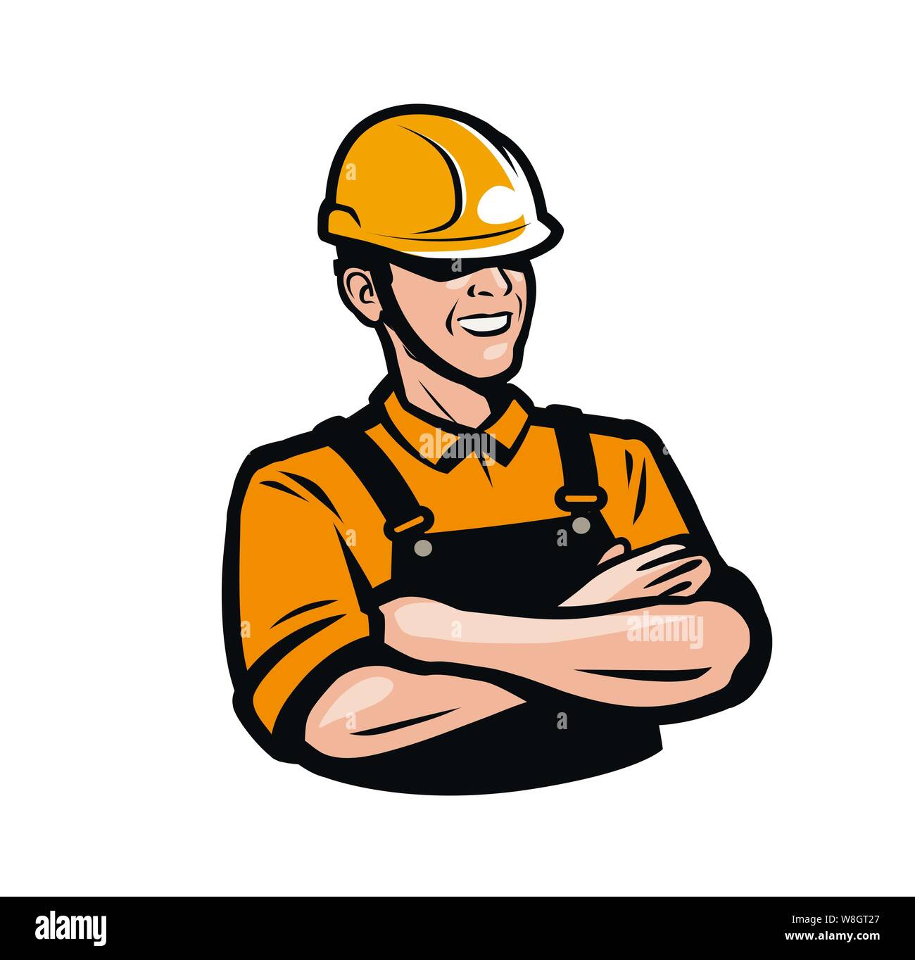 Builder or worker in construction helmet. Repair, fix, industry logo. Vector illustration Stock Vector