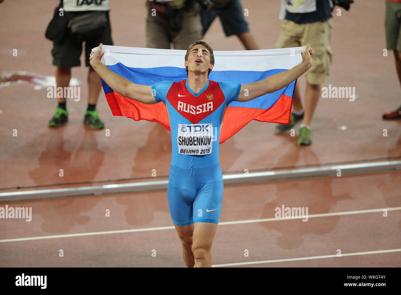 Russia's Sergey Shubenkov celebrates after winning the men's 110m