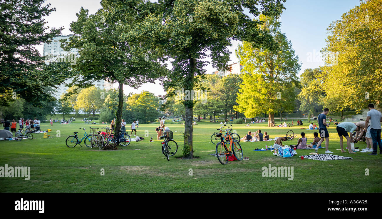 Rotterdam, Netherlands. June 29, 2019. Picnic on the grass, people relaxing, summer afternoon in a city park Stock Photo