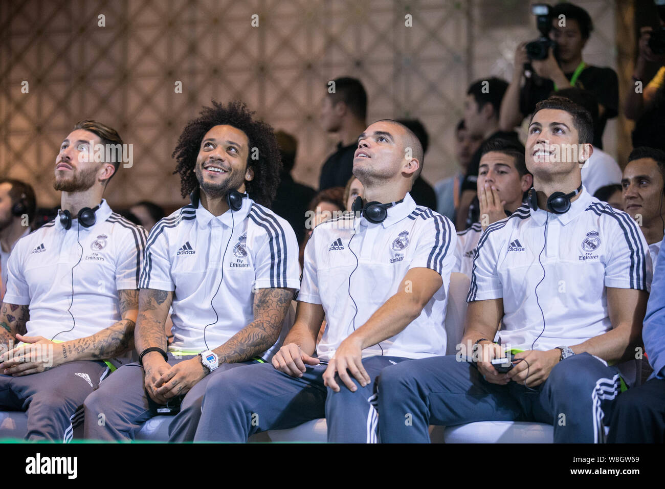 (From left) Sergio Ramos, Marcelo Vieira, Pepe and Cristiano Ronaldo of Real Madrid attend a press conference for the strategic cooperation between Re Stock Photo