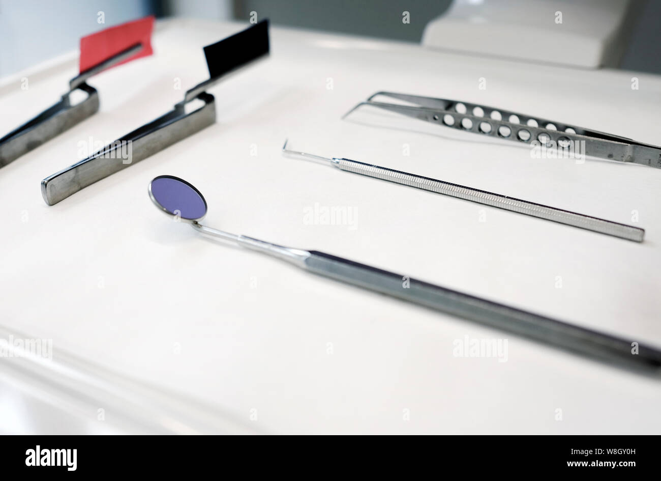 Dentist tools ready on the tray at the dentist's office Stock Photo Alamy