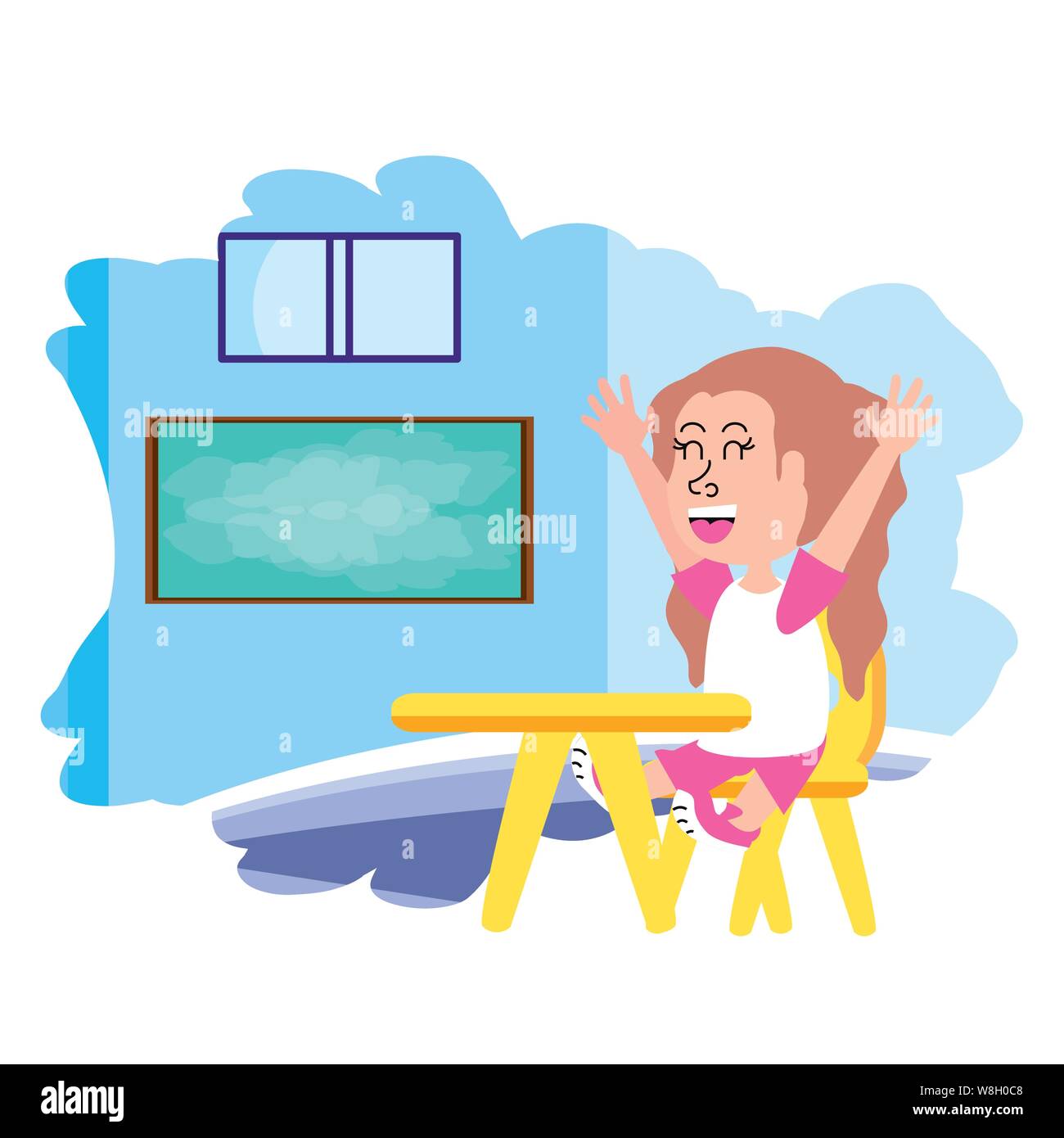 little student girl sitting in school desk in the classroom vector ...