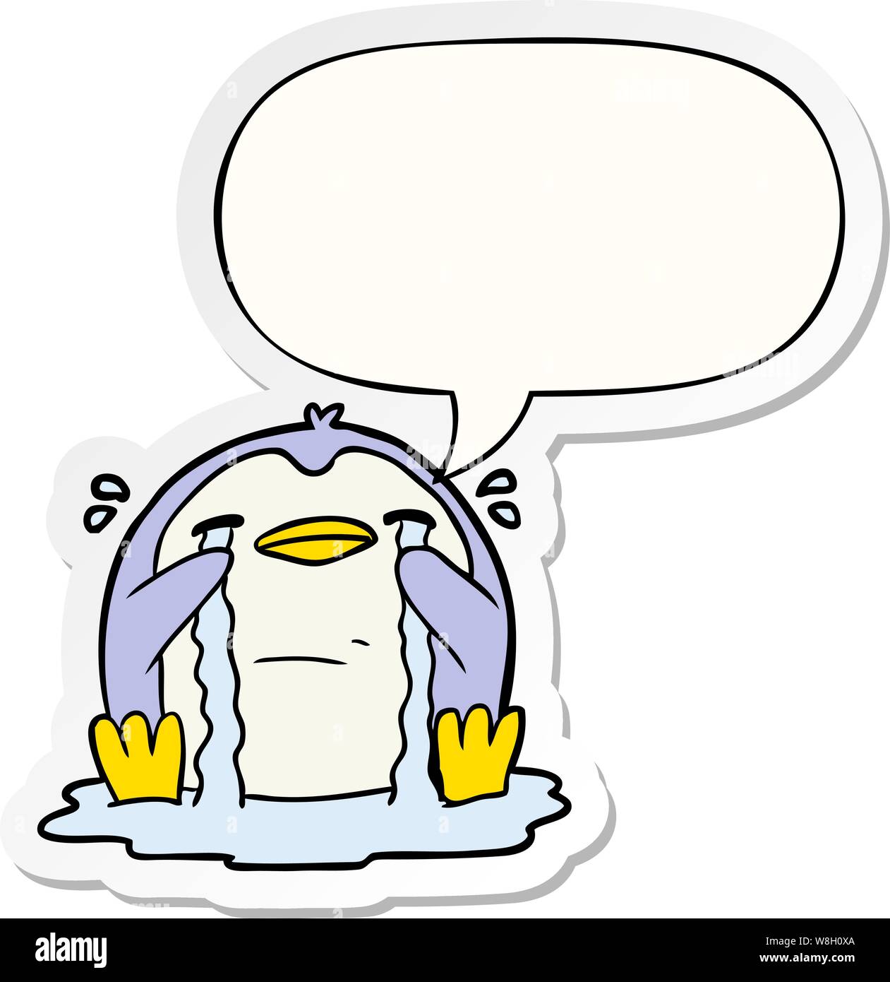 cartoon crying penguin with speech bubble sticker Stock Vector