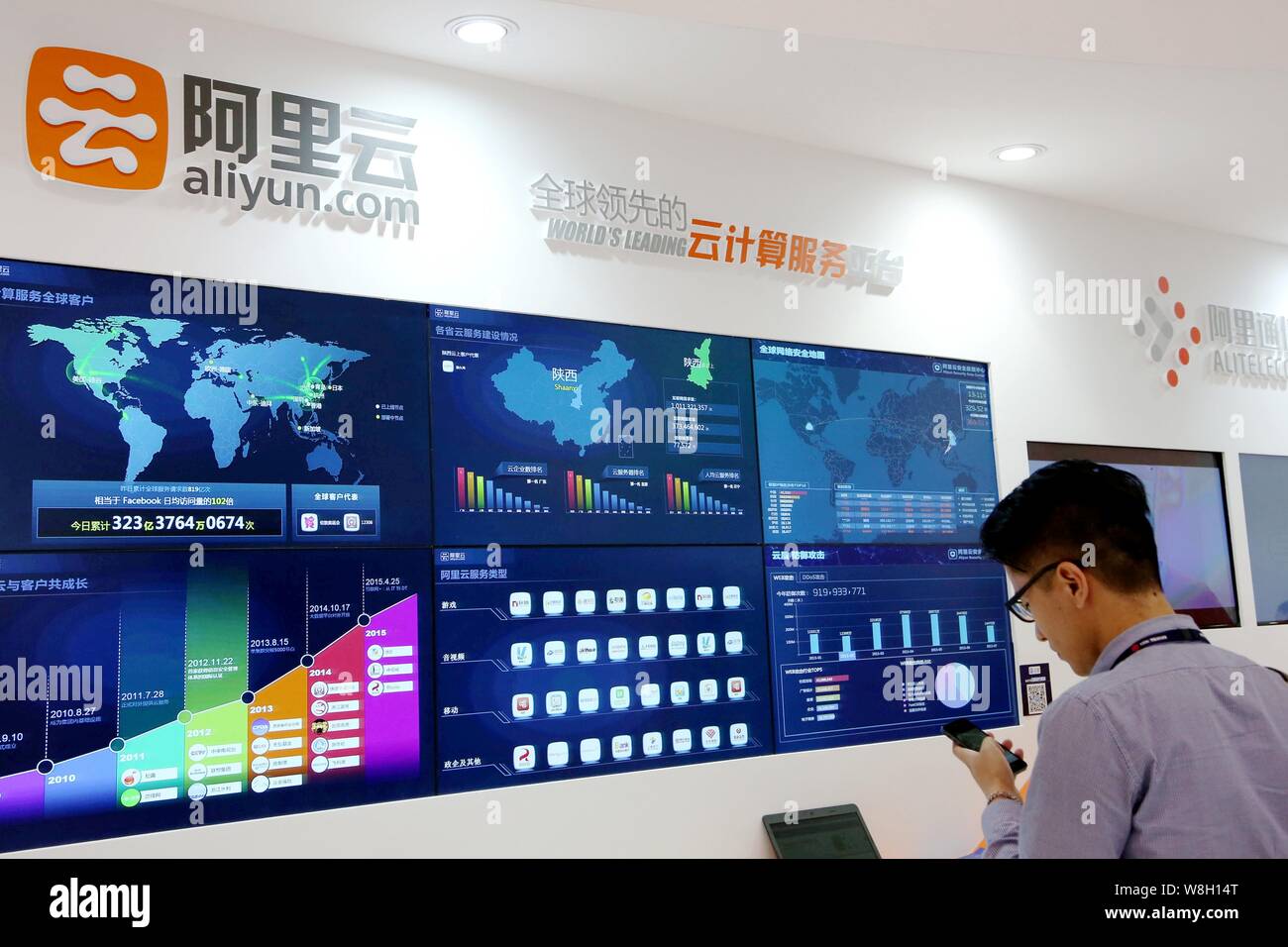 A visitor tries out the cloud computing by Alibaba's Aliyun.com during the GSMA Mobile World Congress 2015 in Shanghai, China, 15 July 2015. Stock Photo