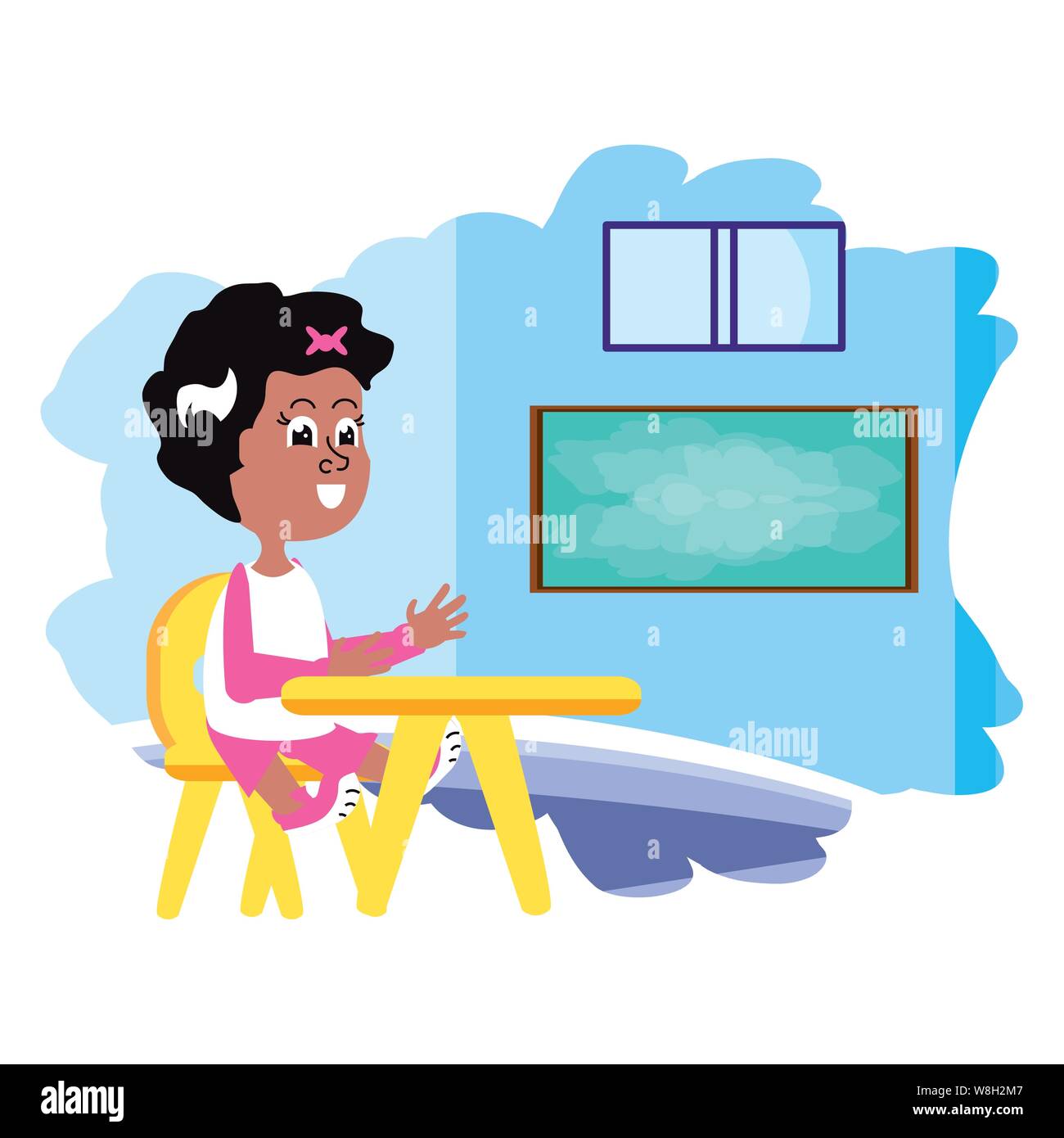 little student girl sitting in school desk in the classroom vector ...