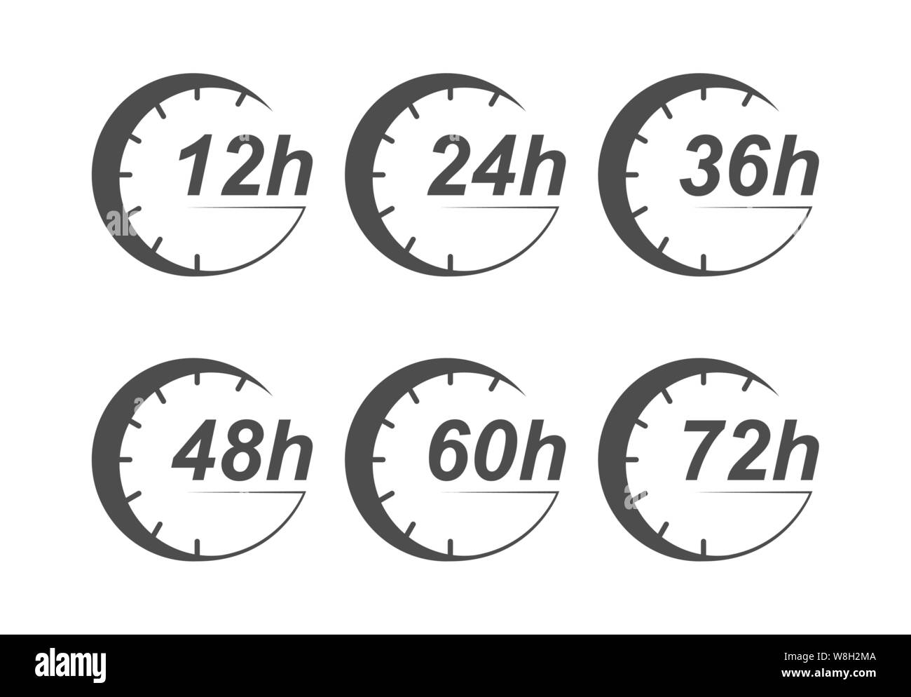 Time of action 12, 24, 36, 48, 60, 72 hours. Flat design on transparent background. Stock Vector