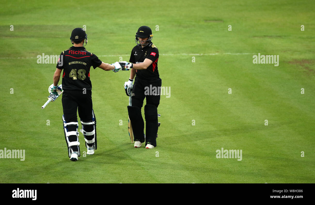 Leicestershire Foxes Colin Ackermann (left) and Lewis Hill touch gloves during the T20 Vitality Blast match at The Fischer County ground, Leicester. Stock Photo