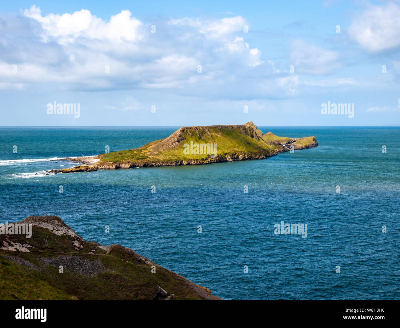 Worms Head as seen from the clifftops at Rhossili. AONB, Gower, Wales, UK. Stock Photo