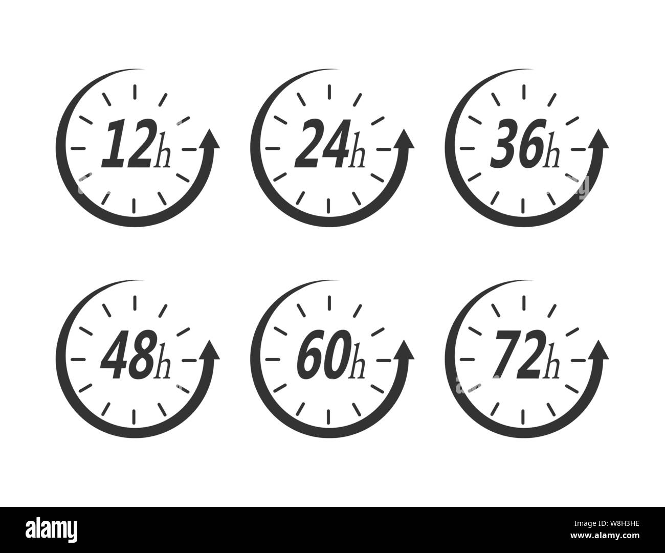 Time of action 12, 24, 36, 48, 60, 72 hours. Flat design on transparent background. Stock Vector