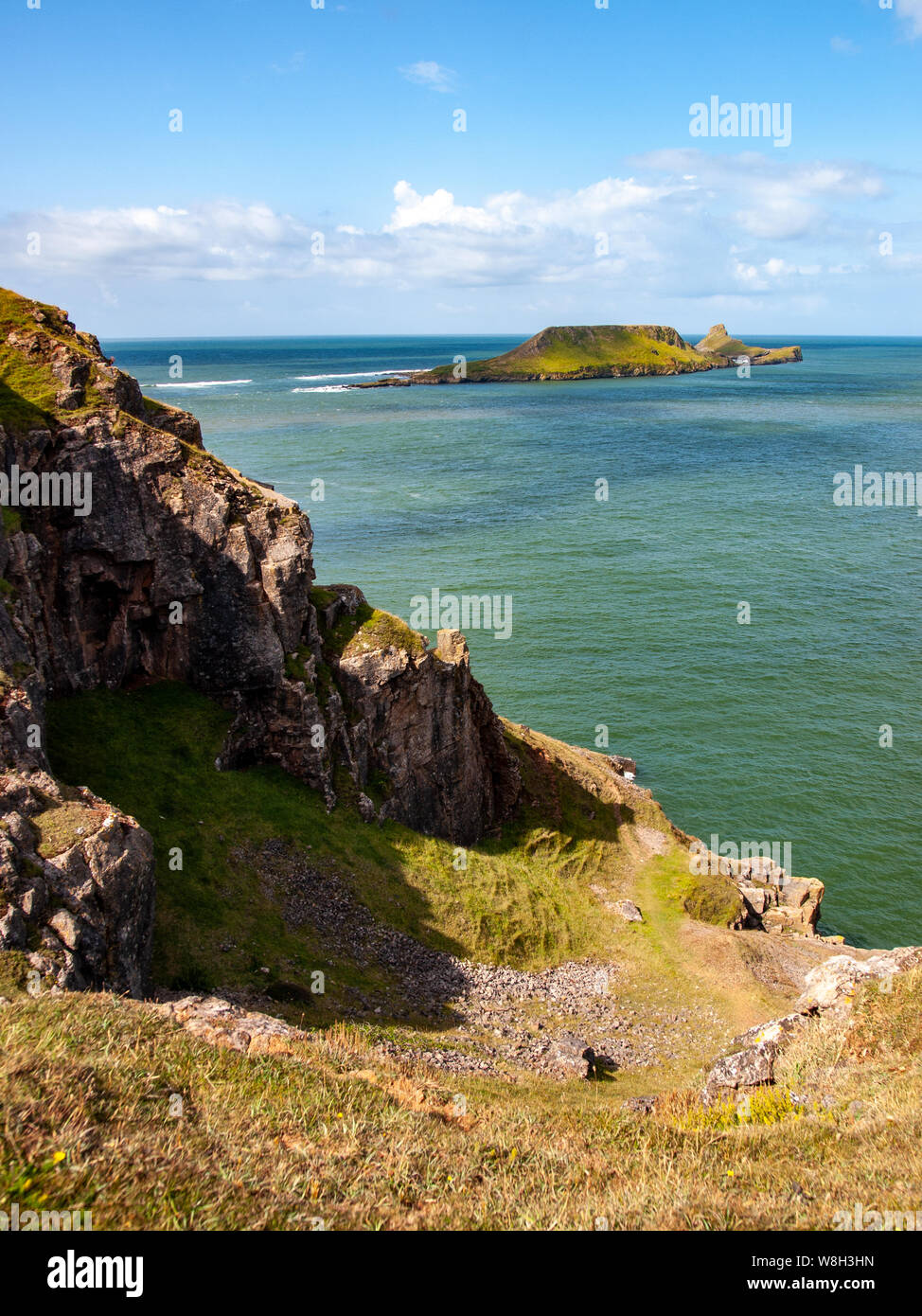 Worms Head as seen from the clifftops at Rhossili. AONB, Gower, Wales, UK. Stock Photo