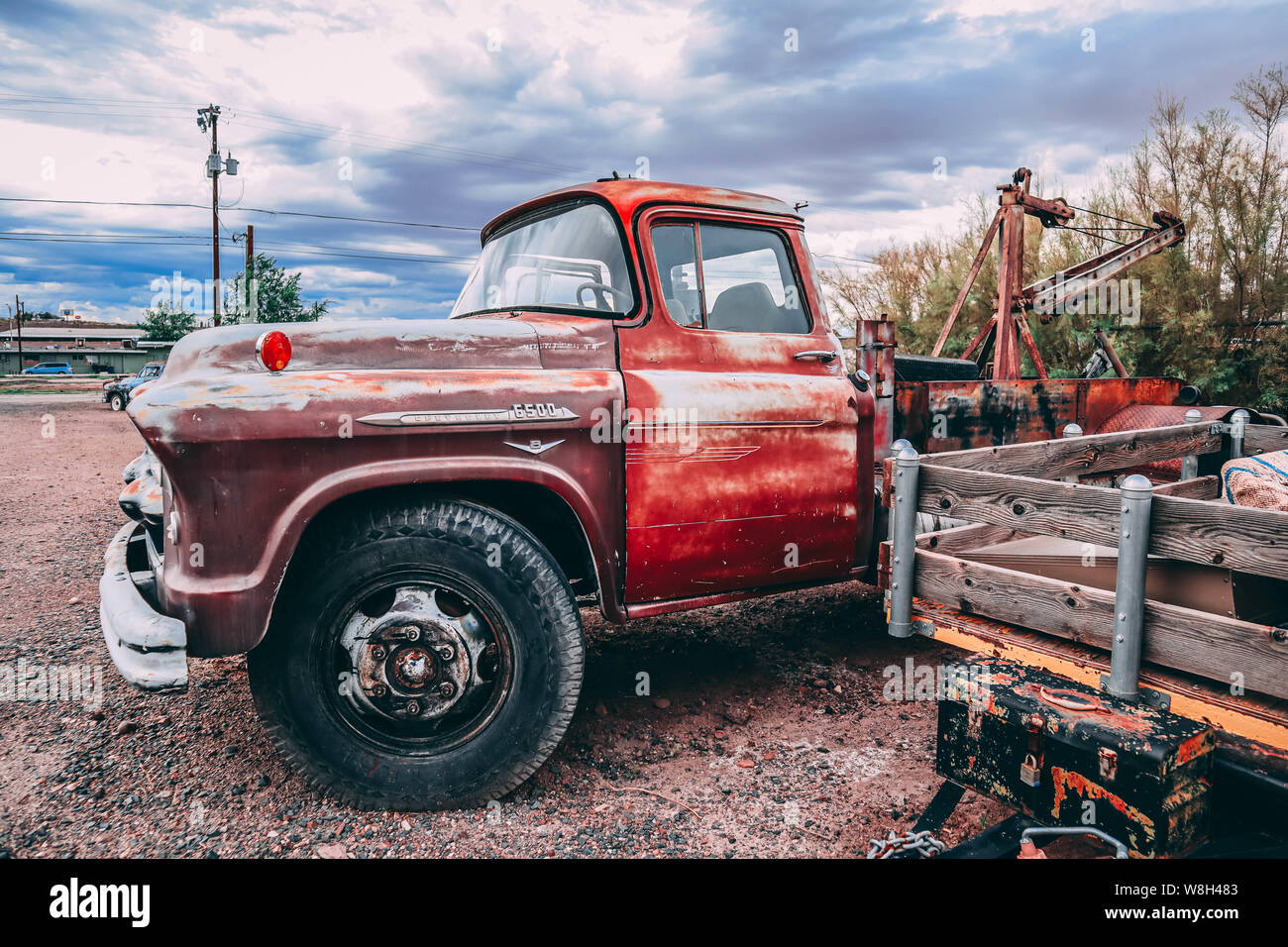 Holbrook, Arizona / USA – August 3, 2919: Old Red Chevrolet 6500 Stock Photo