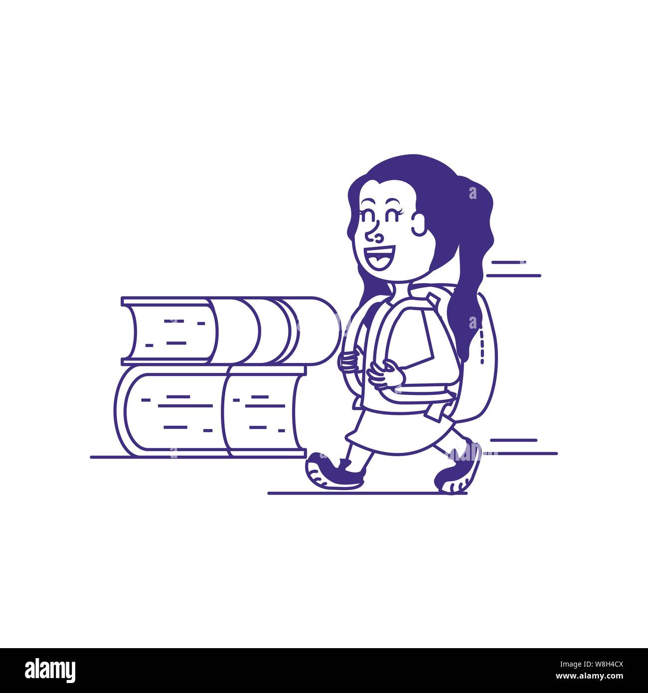 cute little student girl with school bag and stack books vector ...