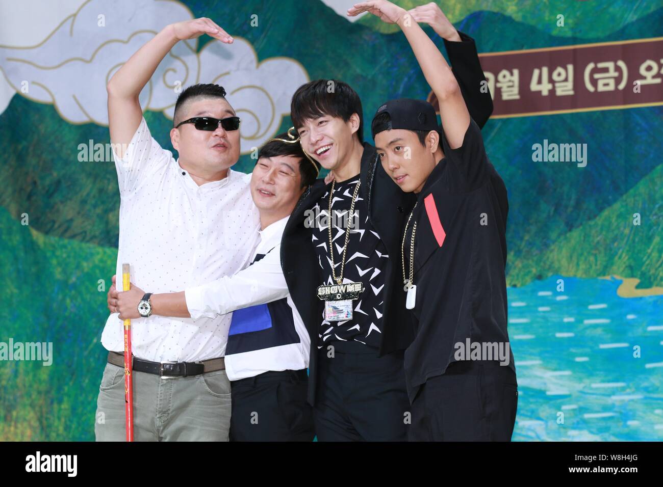 (From left) South Korean MC and comedian Kang Ho-dong, comedian Lee Soo-geun, singer, actor and MC Lee Seung-gi, singer and host Eun Ji-won attend a p Stock Photo