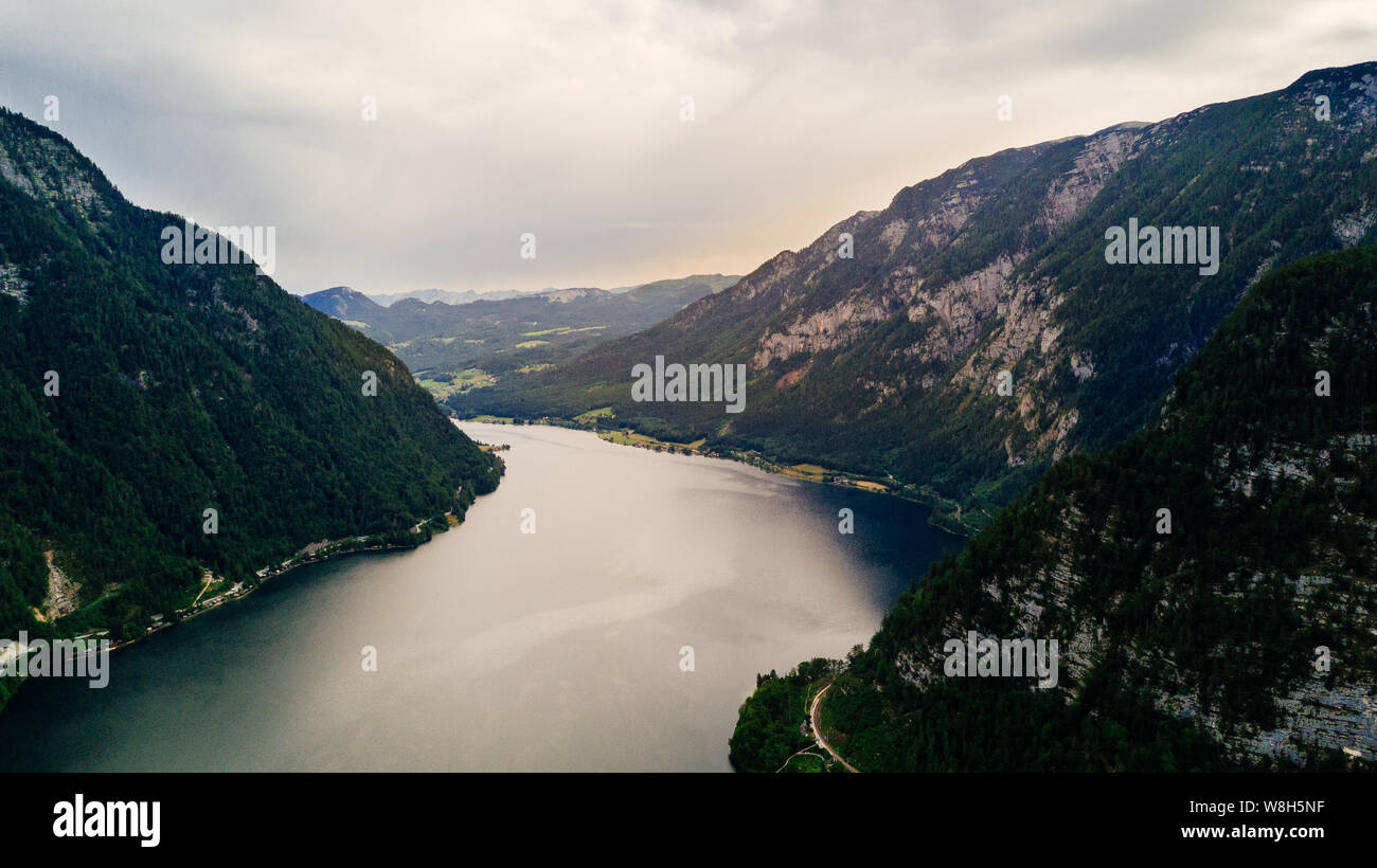 Panoramic aerial view of Famous Hallstatt mountain village, Salzkammergut, Austria in summer day Stock Photo