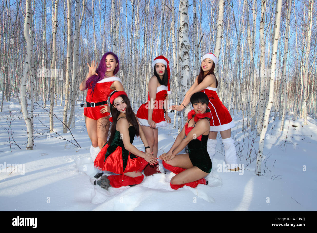 Pole dancers of China's National Pole Dancing Team dressed in a Christmas  costume pose in the snow in Mohe city, northeast China's Heilongjiang  provin Stock Photo - Alamy