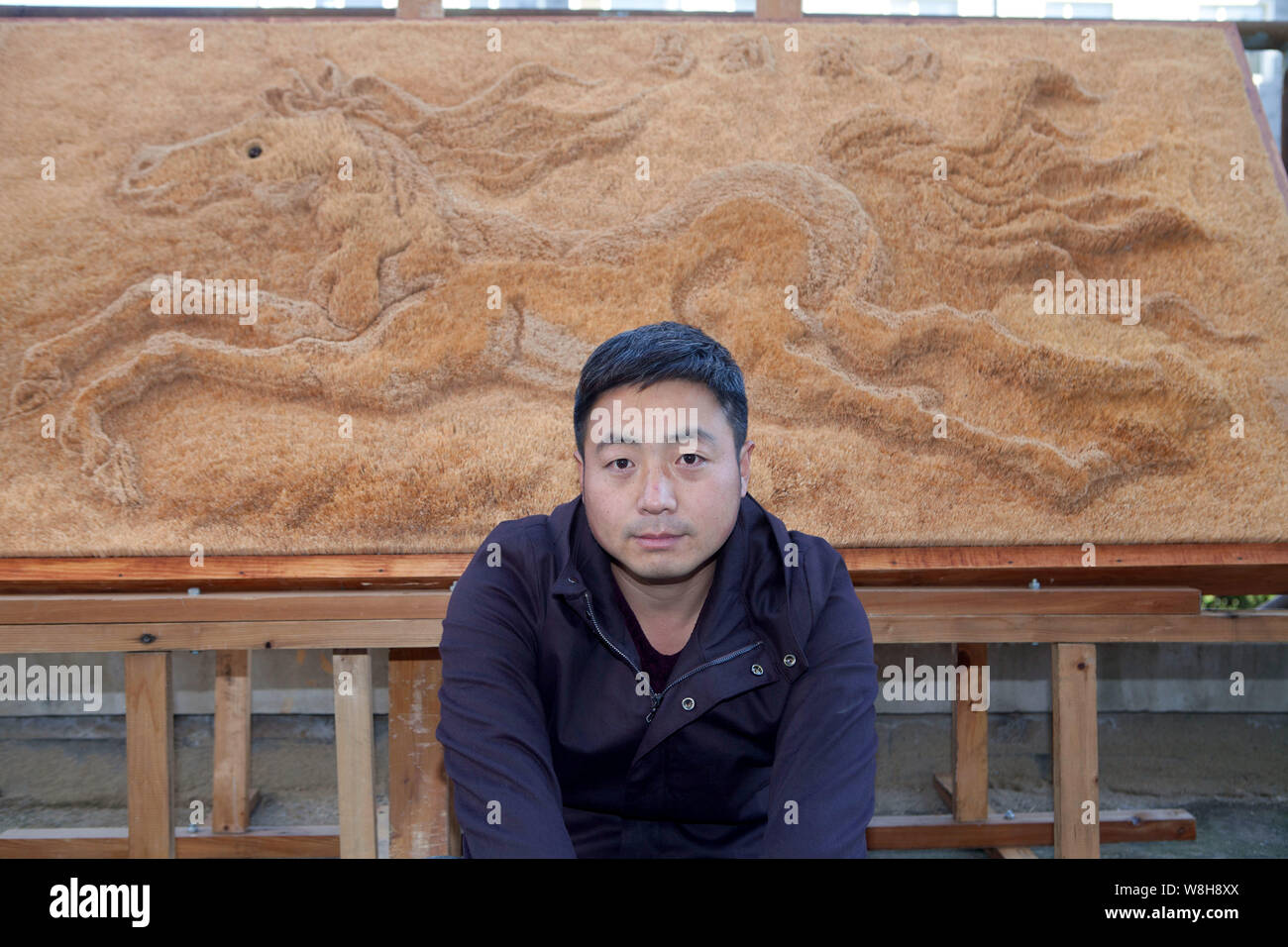 38-year-old Liu Xuedong poses in front of his toothpick-made 3D horse ...