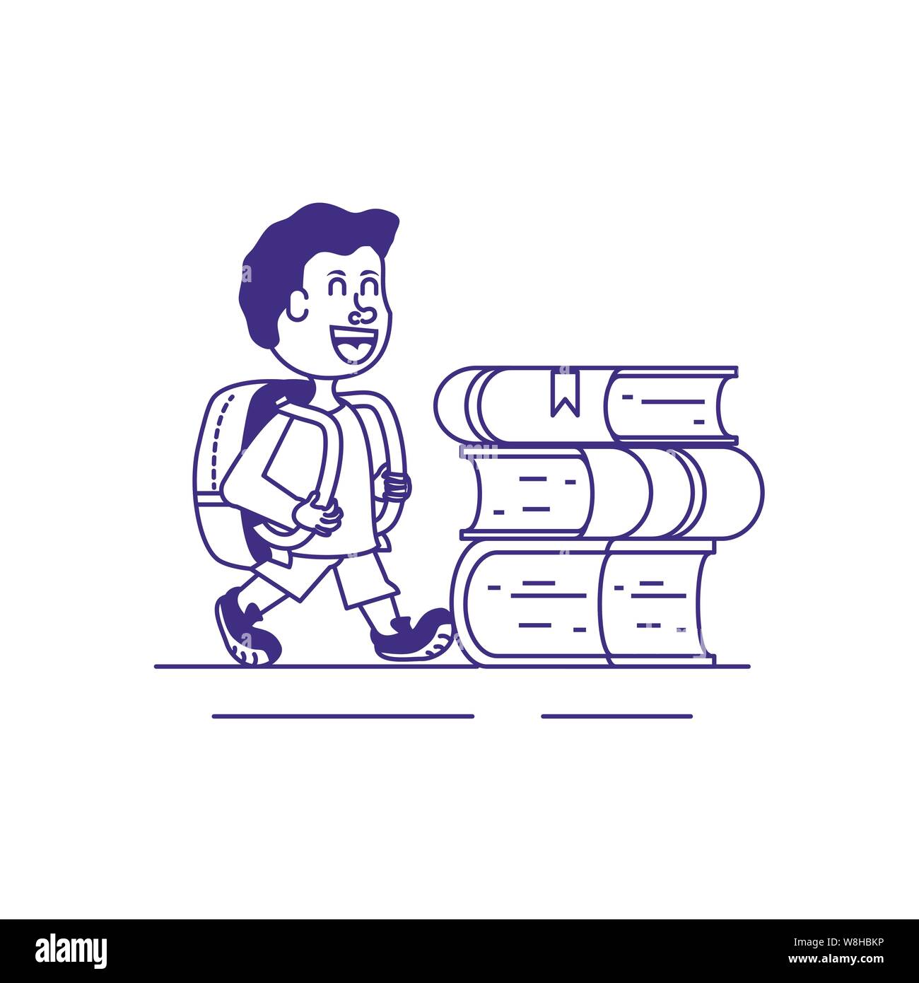 cute little student boy with bag school and stack books vector ...