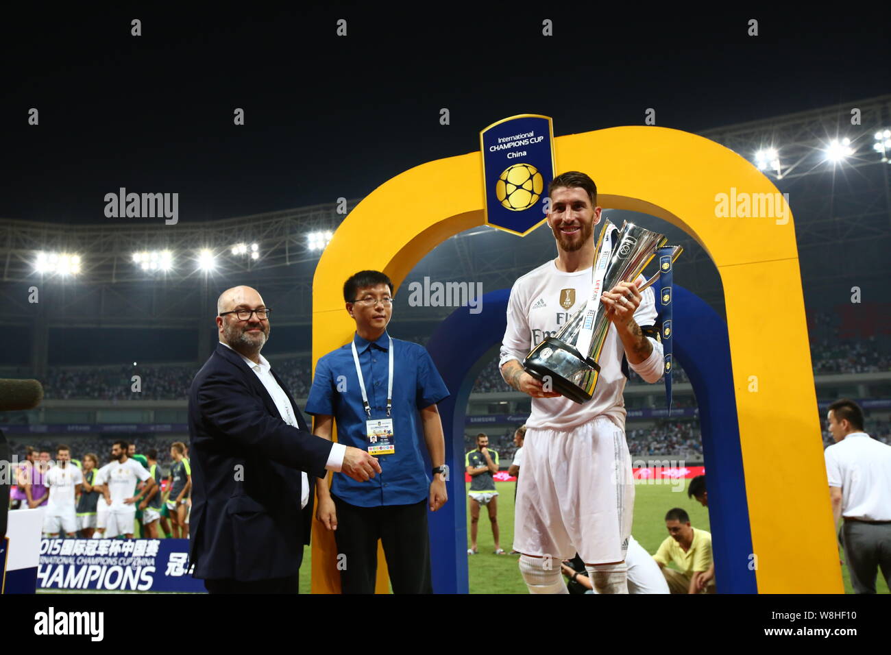 Sergio Ramos of Real Madrid, right, holds the winner's trophy for the China games of the International Champions Cup 2015 after Real Madrid defeated A Stock Photo