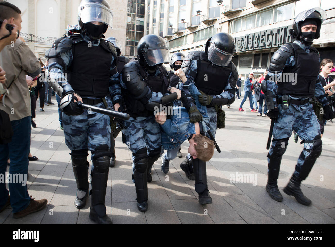 Moscow, Russia - August 3, 2019 Riot police officers detain a ...