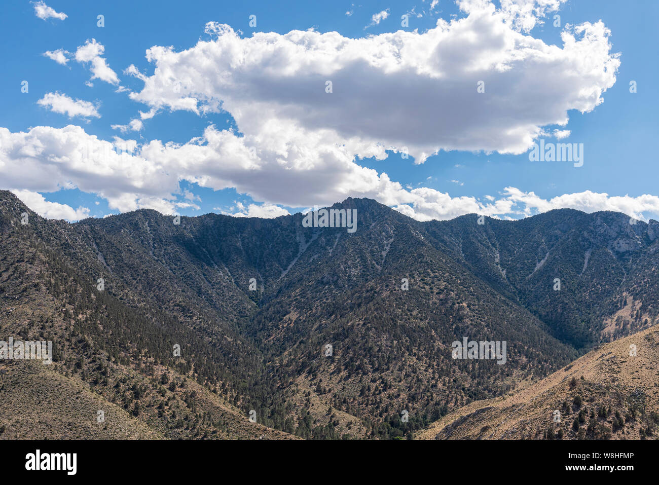 Mountains with green foliage and brown mountainsides under bright blue sky with white clouds. Stock Photo