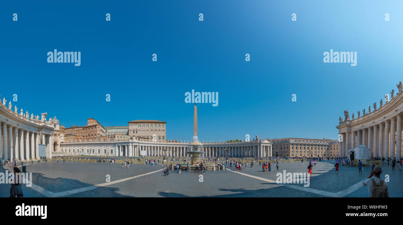 St. Peter's Square is a large plaza located directly in front of St. Peter's Basilica in the Vatican City, the papal enclave inside Rome, directly wes Stock Photo