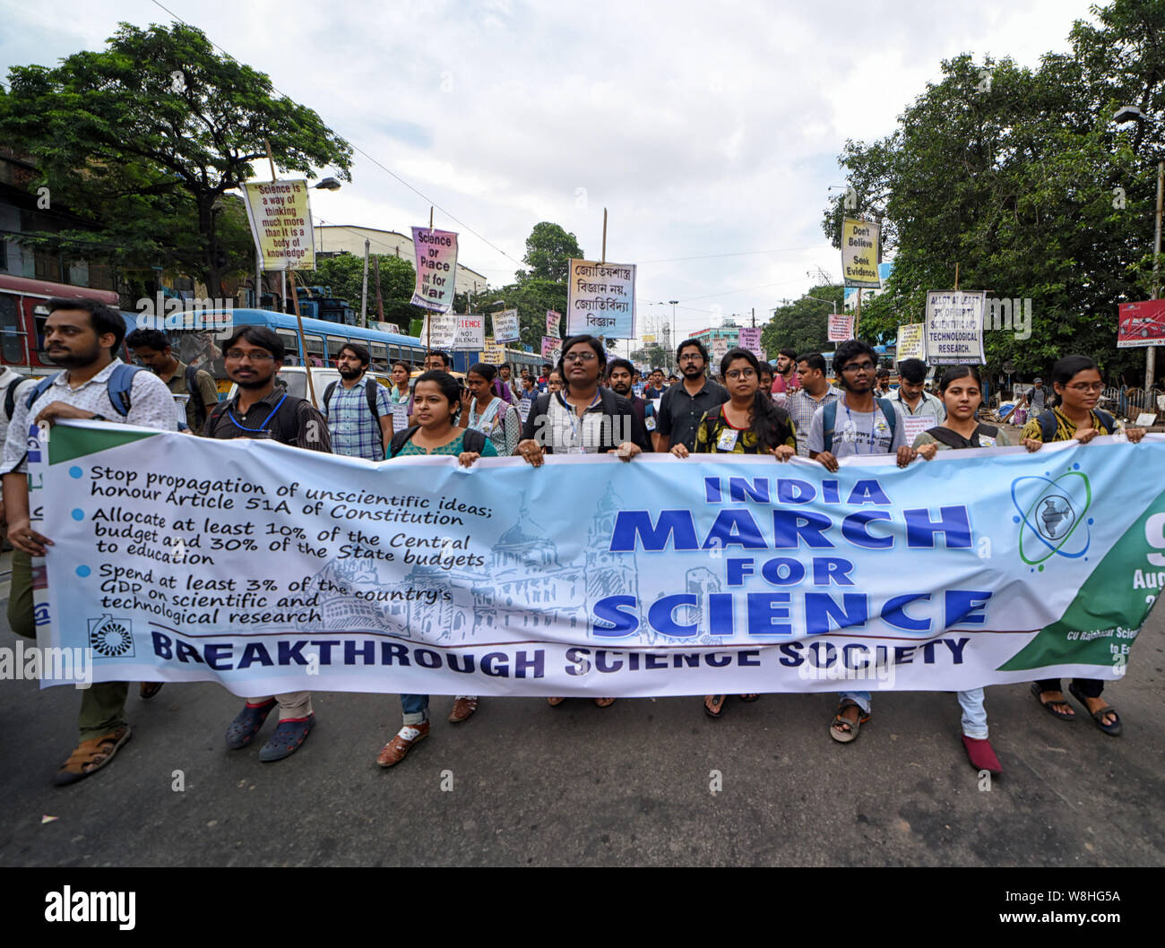 Scientist and students of different colleges with a banner during the march.March for Science is an international series of rallies and marches happening all over the world with a demand to local Government to sanction more budget on Scientific Education, this year’s demand for India was to sanction at least 10 % of central budget to scientific educational development & give proper honor to Article 51A of Indian Constitution. Stock Photo