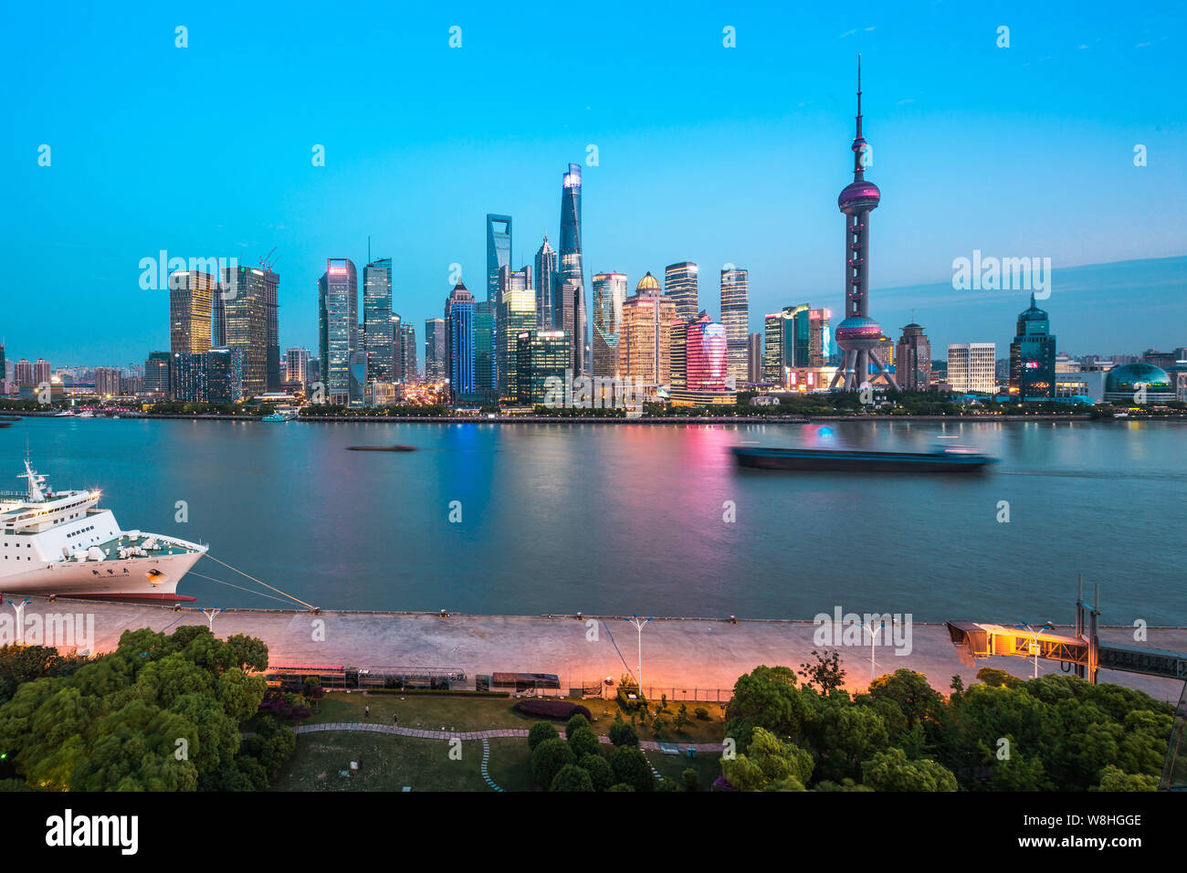 Night view of Huangpu River and the Lujiazui Financial District with ...