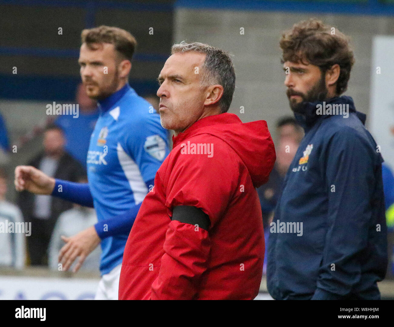 Mourneview Park, Lurgan, Northern Ireland, UK. 09th Aug 2019. Danske Bank Premiership; Glenavon v Glentoran (white) in the opening game of the 2019-2020 season in Northern Ireland. Managers - Glentoran's Mick McDermott (red) with Glenavon manager Gary Hamilton (right). Credit:CAZIMB/Alamy Live News. Stock Photo