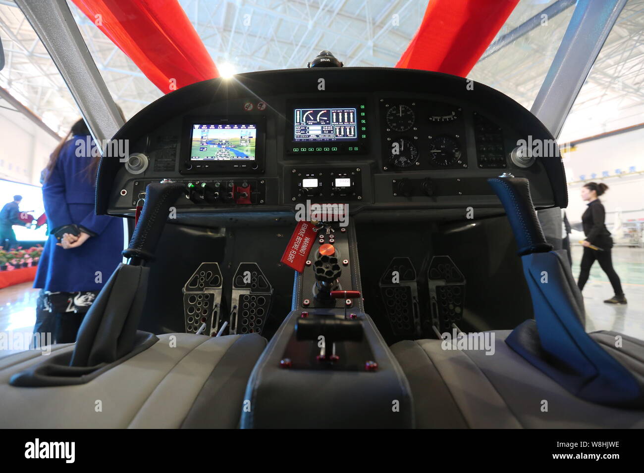 Interior view of China's first electric light sport aircraft RX1E Ruixiang on display during the sales contract signing ceremony at Shenyang Aerospace Stock Photo