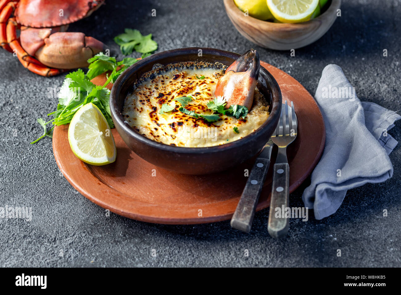 CHILEAN FOOD. Baked crabmeat crab meat with cheese, cream and bread. Traditional dish of chilean