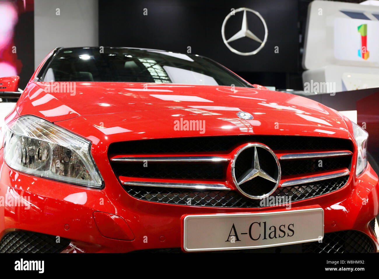 --FILE--A Mercedes-Benz A-Class is displayed during an automobile exhibition in Fuzhou city, southeast Chinas Fujian province, 30 September 2014.    B Stock Photo