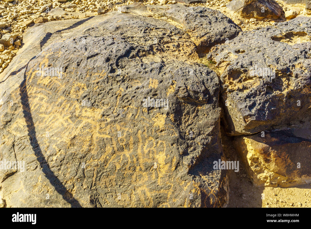 Ancient rock engravements near Sde Boker, the Negev Desert, Southern Israel Stock Photo