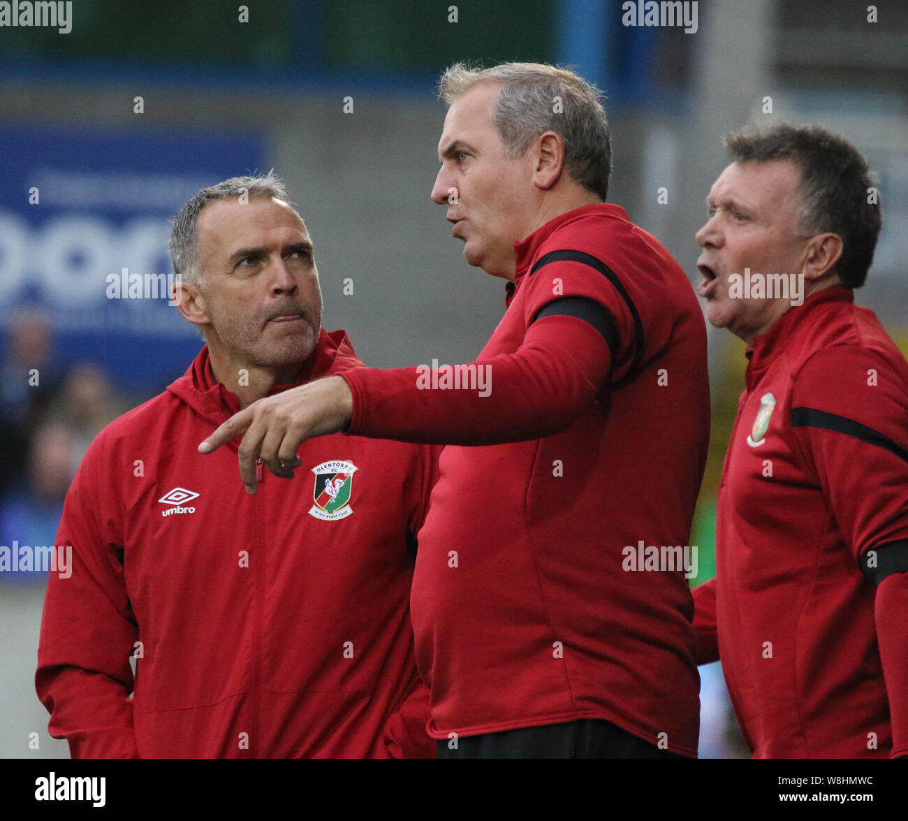 Mourneview Park, Lurgan, Northern Ireland, UK. 09th Aug 2019. Danske Bank Premiership; Glenavon v Glentoran (white) in the opening game of the 2019-2020 season in Northern Ireland. Glentoran's management team (l-r), Mick McDermott, Paul Millar and Kieran Harding. Credit:CAZIMB/Alamy Live News. Stock Photo