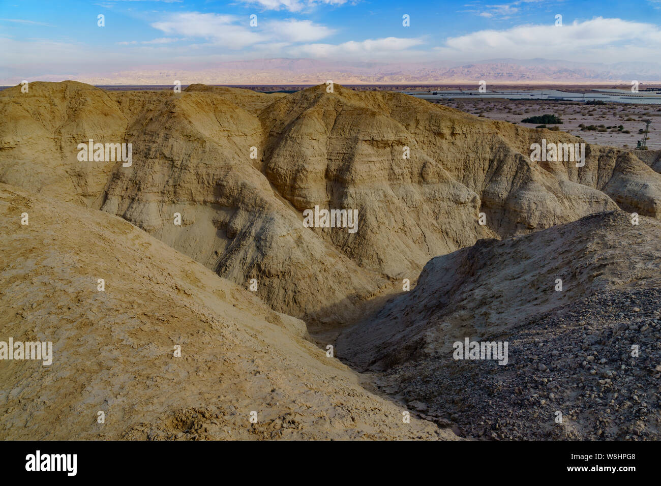 Landscape of lissan marl rocks and the Edom mountains, along the Arava Peace Road, Southern Israel Stock Photo