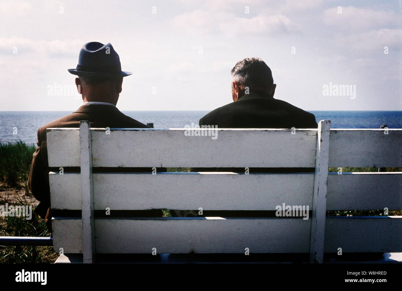 Two men sitting on bench by sea, rear view. Stock Photo