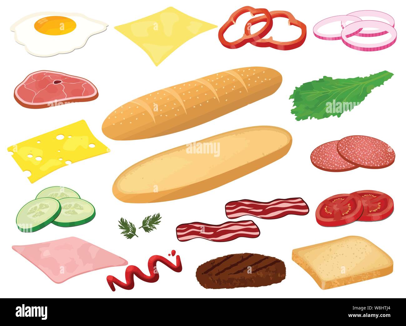 Set of ingredients for sandwich or burger on white background. Sliced veggies,egg, beef, ham,cheese and sauce on white,vector illustration Stock Vector